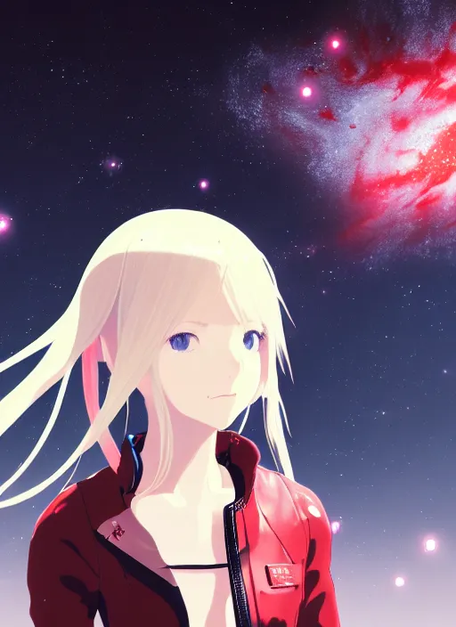 Prompt: highly detailed portrait of a hopeful pretty astronaut lady with a wavy blonde hair, by Makoto Shinkai , 4k resolution, nier:automata inspired, bravely default inspired, vibrant but dreary but upflifting red, black and white color scheme!!! ((Space nebula background))