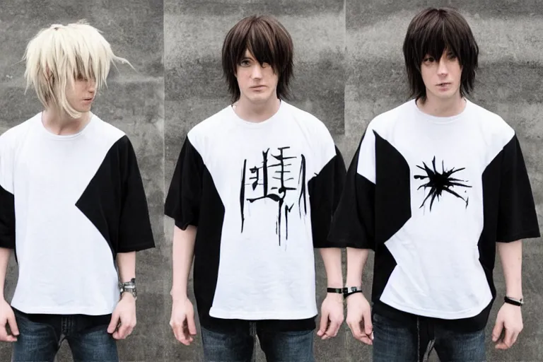 Prompt: l · lawliet, hunchback, death note, white t - shirt