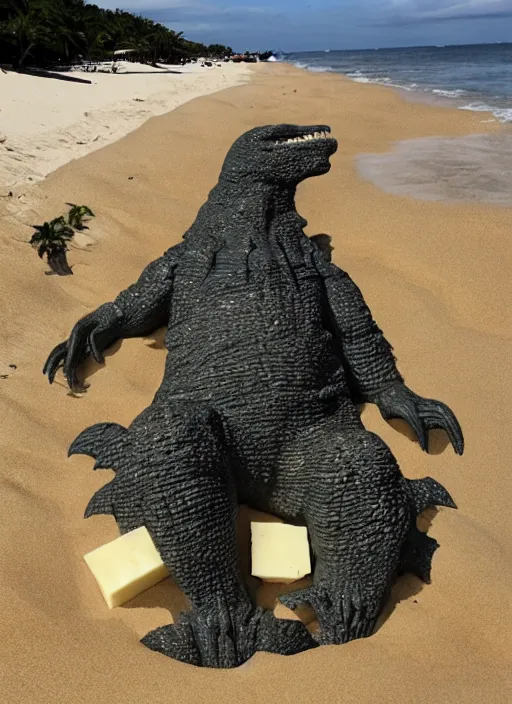 Prompt: godzilla as cheese on the sand of a beach