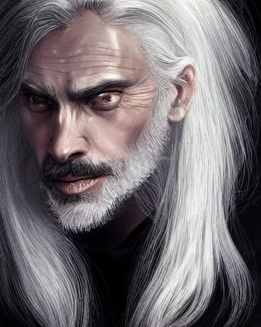 Image similar to portrait of 4 0 - year - old man with long white hair with a pale complexion, pointed face and grey eyes, wearing black clothes, hyper realistic face, beautiful eyes, character art, art by artgerm lau and wlop and and ilya kuvshinov and john singer sargent, hyperdetailed, cryengine, trending on artstation, digital art