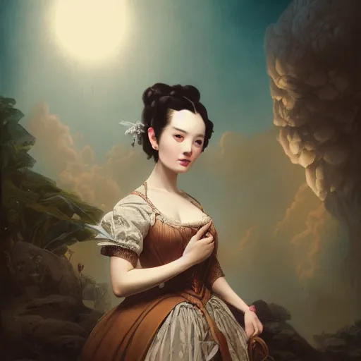 Image similar to highly detailed portrait of a regency girl hyung tae and frank frazetta, tom bagshaw, tom whalen, nicoletta ceccoli, mark ryden, earl norem, global illumination, god rays