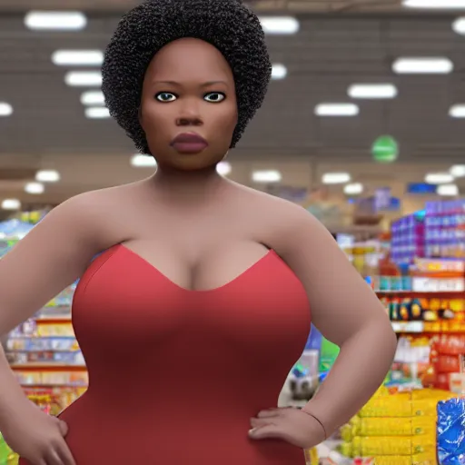 Image similar to high quality still of black bbw woman in wal-mart follow shot, 3d, in the style of pixar, comic book style, 3d, highly detailed, 16k resolution, octane renderer, coherent