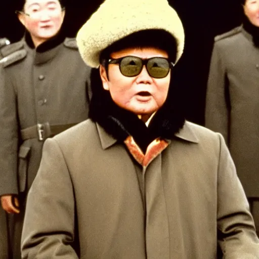 Prompt: filmstill of Kim Jong-il wearing a chapka in the role of Omar Sharif in Doctor Zhivago by David Lean, 1965, cinemascope, Eastman Color Negative 50T 5251 Neg. Film, epic romance