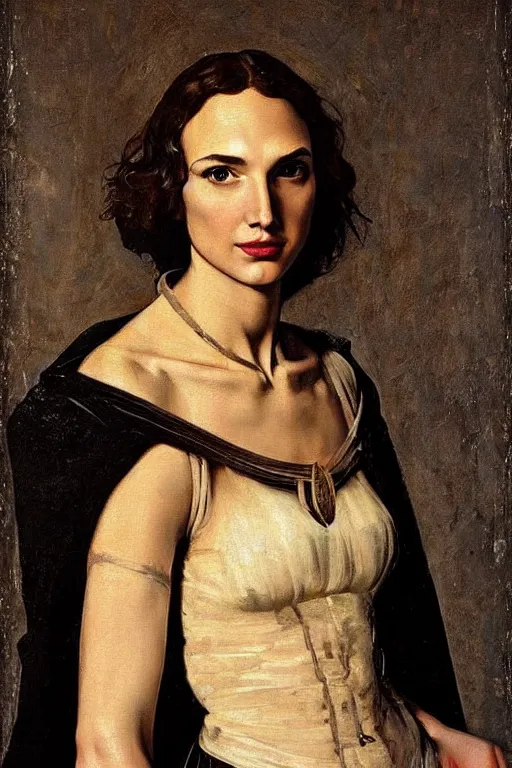 Image similar to a portrait of a Gal Gadot, beautiful clothes, oil painting in a renaissance style , very detailed, painted by Caravaggio.