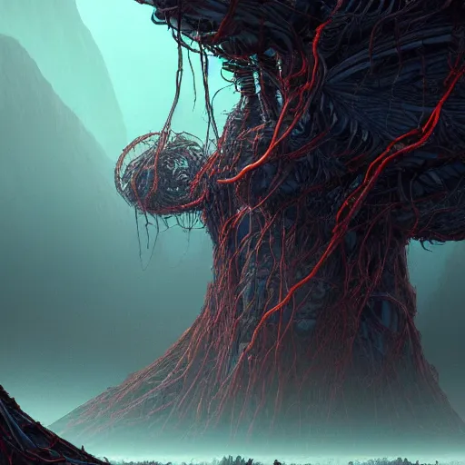 Image similar to a giant creature made out of visible arteries and veins and bones and muscles and spine and nerves, walking on an alien planet with aliens plants, alien breathtaking landscape, megalophobia, cinematic lighting, concept art, artstation