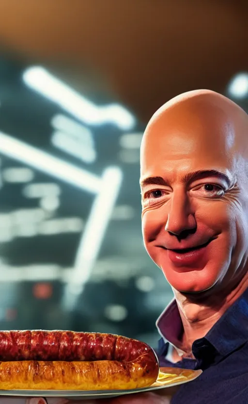 Image similar to Portrait of Jeff Bezos selling a new type of sausage, splash art, movie still, cinematic lighting, dramatic, octane render, long lens, shallow depth of field, bokeh, anamorphic lens flare, 8k, hyper detailed, 35mm film grain