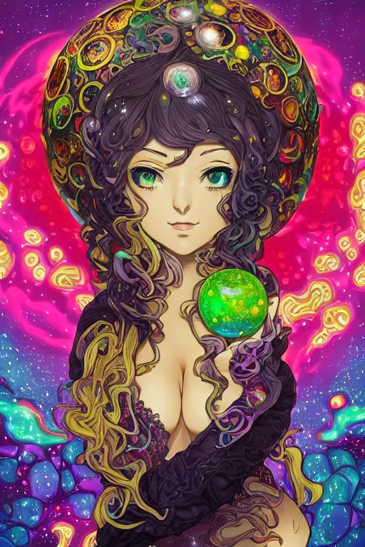 Image similar to psychedelic, acid trip, intricate, highly detailed, anime, 4k, beautiful seductive slime girl holding a huge orb containing the universe, with professional makeup, long trippy hair, surrounded by gems, underneath the stars, trending on patreon, deviantart, twitter, artstation, volumetric lighting, heavy contrast, by artgerm and Ilya Kuvshinov and alphonse mucha, interstellar galaxy