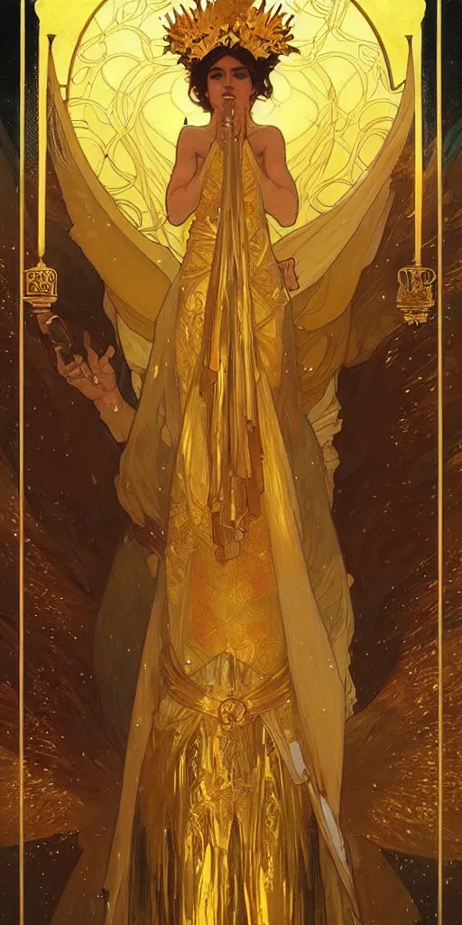 Prompt: a god wearing golden clothes and golden crown, amazing, tarot art, painting by greg rutkowski and alphonse mucha