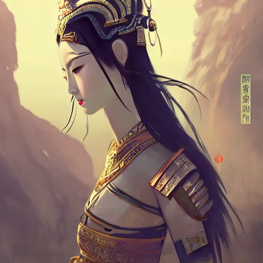 Image similar to ancient asian dynasty princess, three kingdom, dynasty warriors, cute face, standing in an oasis in the desert, 8 k beautiful, elegant, grafity, c 4 d, digital painting, smooth, concept art, in style of yoji shinkawa, pan ren wei, col price, atey ghailan, by greg rutkowski, aesthetic