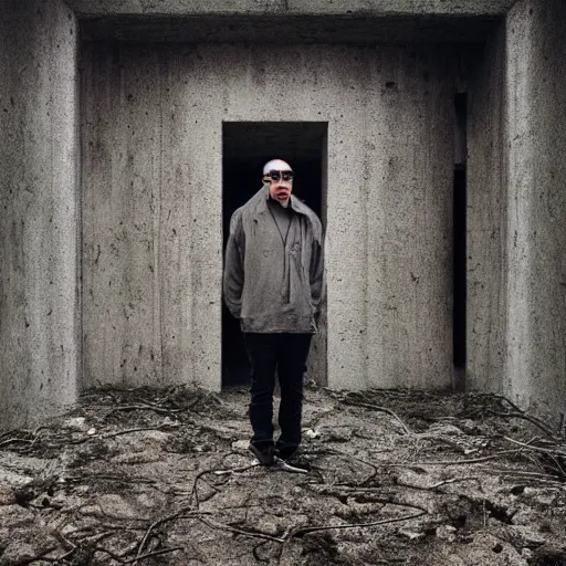 Image similar to beautiful portrait of anthony fantano, theneedledrop, standing in desolate empty brutalist ruins, painted by zdzislaw beksinski