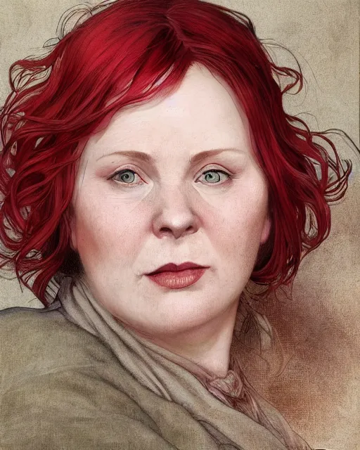 Prompt: portrait of happy short and plump 5 0 - year - old woman with red hair and, kind face, round face, short hair, molly weasley, wearing in cardigan, hyper realistic face, beautiful eyes, close up, fantasy art, in the style of greg rutkowski, intricate, alphonse mucha, hyper detailed, smooth