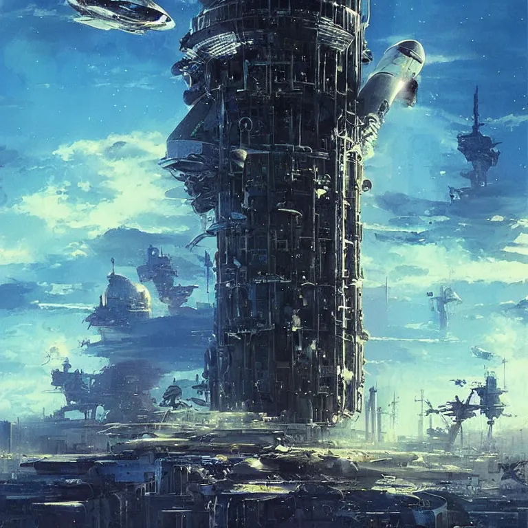 Prompt: “a giant spaceship crashing into a large futuristic water tower, sci-fi concept art, by John Harris, by John Berkey, hyper realistic painting”