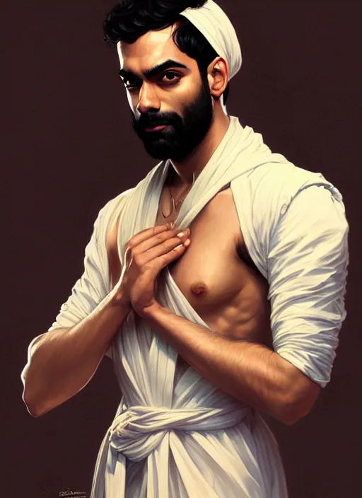 Image similar to Portrait of Rahul Kohli, D&D, muscular, robes, intricate, elegant, highly detailed, digital painting, artstation, concept art, smooth, sharp focus, illustration, art by artgerm and greg rutkowski and alphonse mucha