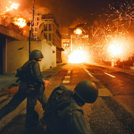 Prompt: world war 2 combat scene in city with explosions, photography style