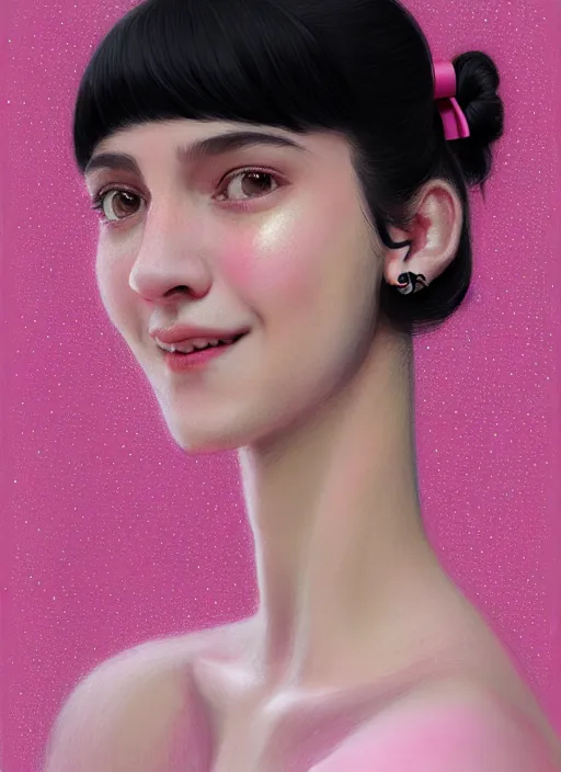 Image similar to portrait of teenage girl, realistic, black hair, bangs, half updo hairstyle, pointy nose, skinny, smile, ugly, defined jawline, big chin, pink hair bow, earrings, intricate, elegant, glowing lights, highly detailed, digital painting, artstation, sharp focus, illustration, art by wlop, mars ravelo and greg rutkowski