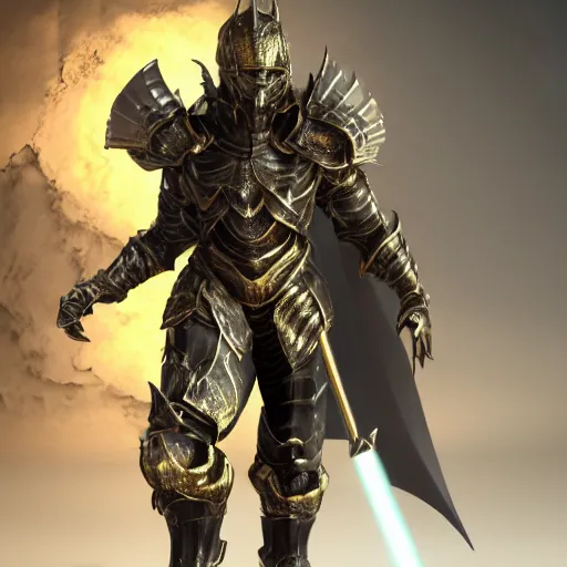 Image similar to a photorealistic 3D render of a full body dark side knight (as an archetypal DnD isekai Demon Lord) wearing armor made of gold and silver, unreal engine, octane render, cinematic lighting, a sense of evil, hard surface character concept art, character design, hyper realism, high detail, depth of field, stunning cgsociety, HD, HDR, 4k