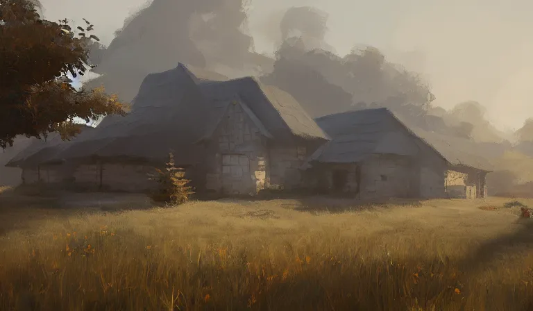 Prompt: A serene landscape with a singular building in the style of Craig Mullins.