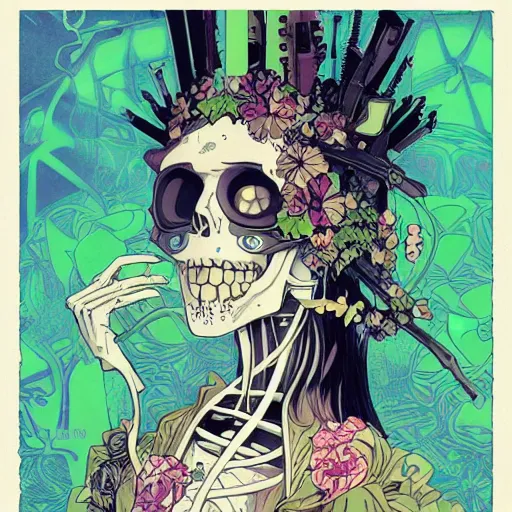 Image similar to anime manga skull portrait girl female skeleton wearing mask helmet 80s vaporwave detailed patterns art Geof Darrow and Ashley wood and Ilya repin and alphonse mucha pop art nouveau