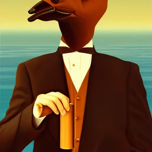 Image similar to a portrait of a platypus wearing a black suit, smoking a cigar, gorgeous, intricate, elegant, volumetric lighting, scenery, high detail digital art, smooth, rene magritte, illustration, concept art