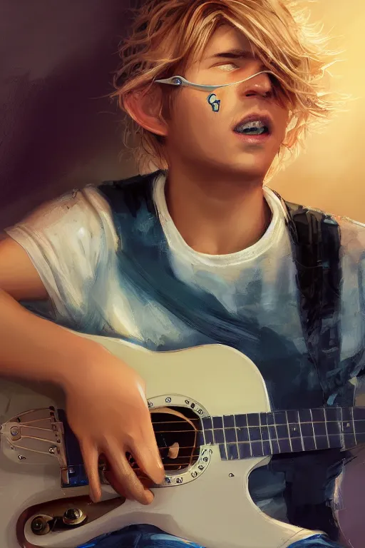 Image similar to blonde wild hair boy with eye - patch playing fender stratocaster, close - up portrait, plain white tshirt, powerfull, intricate, elegant, volumetric lighting, scenery, digital painting, highly detailed, artstation, sharp focus, illustration, concept art, ruan jia, steve mccurry