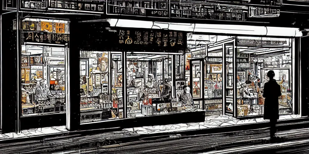 Image similar to s shop window in hong kong, by dan mumford and peter doig and edward hopper, heavy black lines, highly detailed, dramatic lighting, 8 k