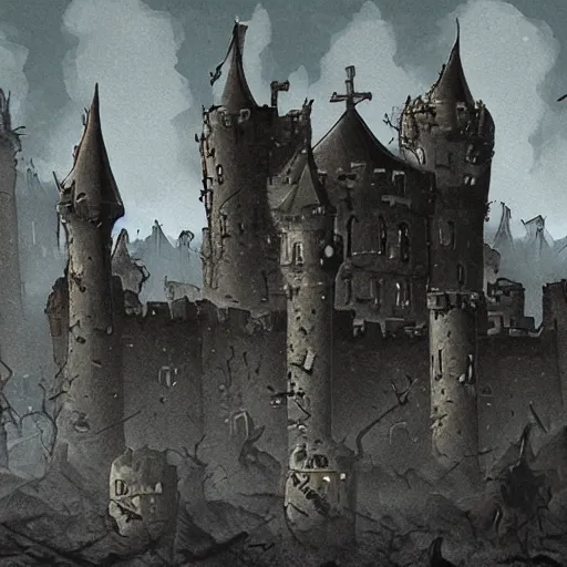 Image similar to A desolate castle overrun by undead, dark, high detail