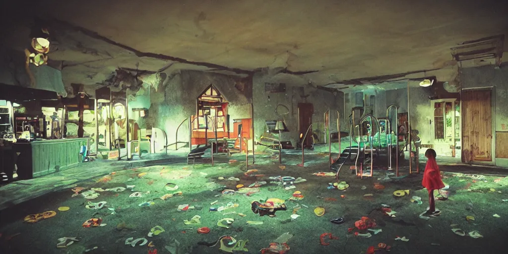 Image similar to a weird place, house, playground, office, pool, bar, pub, interior, room with eerie feeling, disposable colored camera, camera flash, unusual place, unsettling, kids place, night scene