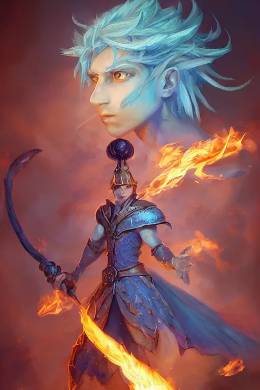 Image similar to legendary fairy prince hold flame staff, blue energy, highly detailed, d & d, fantasy, highly detailed, digital painting, trending on artstation, concept art, sharp focus, illustration, global illumination, ray tracing, realistic shaded, art by artgerm and greg rutkowski and fuji choko and viktoria gavrilenko and hoang lap