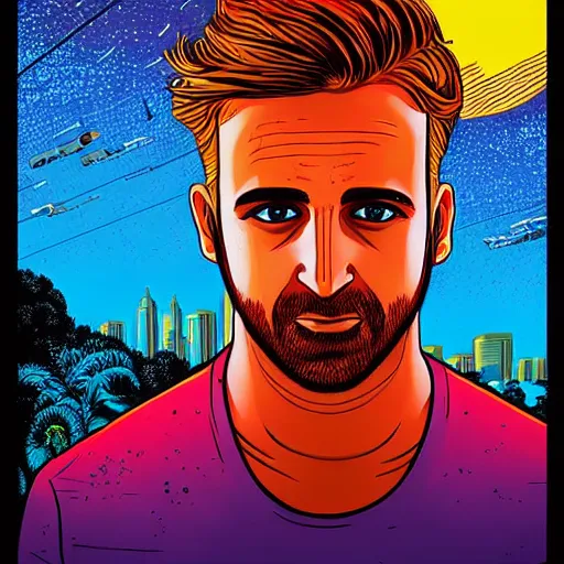 Image similar to a portrait of a Rayan Gosling with thunders in the sky in a future cybernetic city, outrun style and colours, trending on arstation, by dan mumford, by ross tran