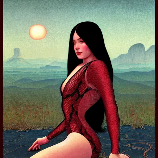 Prompt: girl with long black hair in burgundy python snake skin bodysuit at sun hills biome. highly detailed, digital painting, watercolor, soviet realism, engraving, artstation, concept art, smooth, sharp focus, vivid grunge, illustration, unreal engine 5, 8 k, art by bilibin and kilian eng and kuvshinov and malevich and mucha