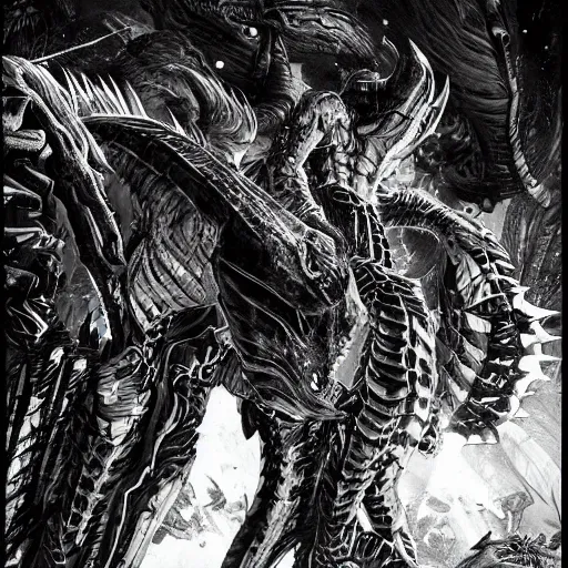 Prompt: sci - fi monster hunter, hyperdetailed, bw art by shinya tsukamoto