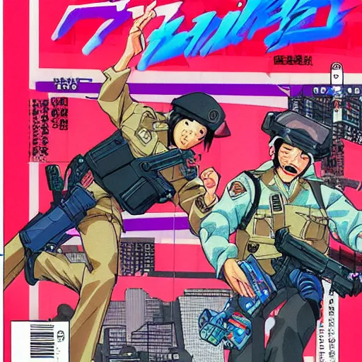 Prompt: 1993 Magazine Cover, Anime Neo-tokyo 4 bank robbers fleeing the scene with bags of money, Police Shootout, MP5S, Highly Detailed, 8k :4 by Katsuhiro Otomo : 8