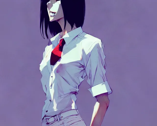 Image similar to a ultradetailed full body portrait of a woman dressed in a white shirt with a tie, by conrad roset, greg rutkowski and makoto shinkai trending on artstation