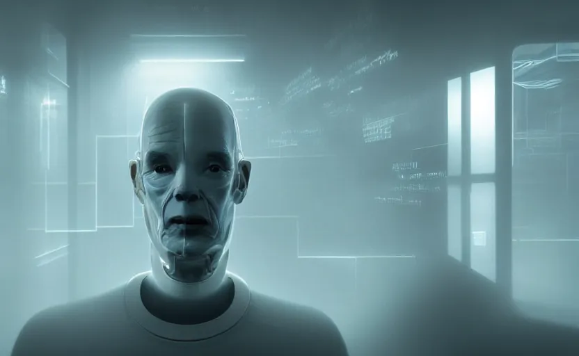 Prompt: extremely detailed cinematic movie still 3 0 7 7 foggy portrait shot of a cyber human android 5 5 years old white man hyperreal skin face in the data centre by denis villeneuve, wayne barlowe, simon birch, marc simonetti, philippe druillet, beeple, bright volumetric sunlight from small windows, rich moody colors, closeup, bokeh, noir