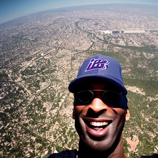 Image similar to selfie of kobe bryant in a helicopter, smoke around him, 8k resolution, amazing detail, shot in the air