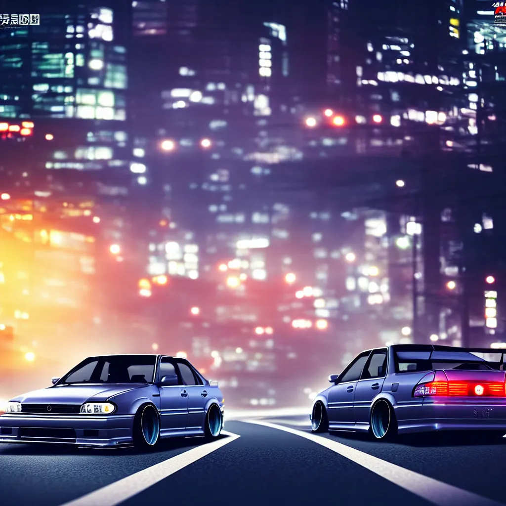 Image similar to a single car JZX100 twin turbo drift in the road, Tokyo prefecture, Japanese architecture, city sunset mist lights, cinematic lighting, photorealistic, detailed alloy wheels, highly detailed