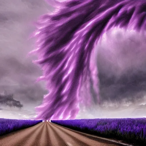 Prompt: magical tornado, purple, sweeping landscape, fantasy colors, dramatic lighting, intricate detail