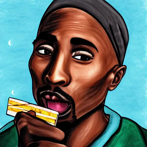 Image similar to tupac eating chocolate bar in the moonlight at night, digital art