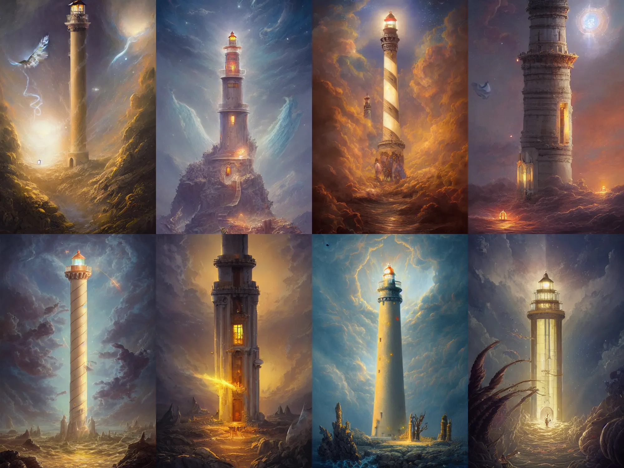 Prompt: a 12x(very) much detailed Exterior Shot of Angelic Lighthouse of Alexandria, light of infinity, epic shafts, swarm of fireflies, magic atmosphere, in Style of Peter Mohrbacher, cinematic lighting