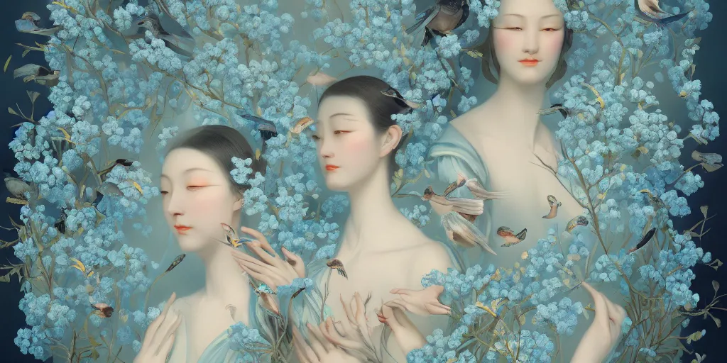 Prompt: breathtaking detailed concept art painting art deco pattern of faces goddesses of light - blue flowers with anxious piercing eyes and blend of flowers and birds, by hsiao - ron cheng and john james audubon, bizarre compositions, exquisite detail, extremely moody lighting, 8 k