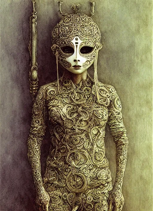 Prompt: full body girl in detailed ornamental mask by Beksinski and Luis Royo