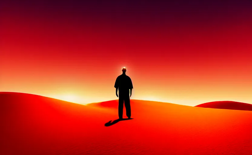 Prompt: a man on a sand dune, silhouetted against the horizon, desert landscape, simple robe blowing in the wind, sun setting, orange and red sky, detailed, futuristic, volumetric light, intricate, detailed, photorealistic imagery, artstation