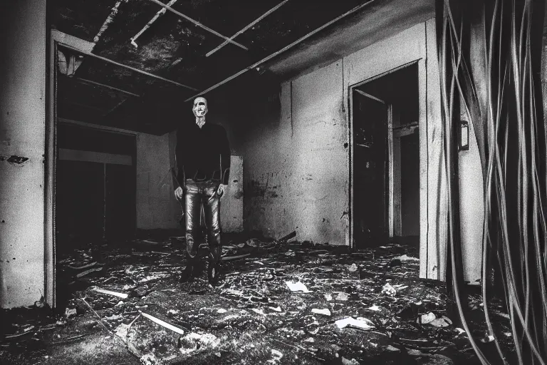 Image similar to a man in black in leather, watching a black hole forming in the grimy grungy basement of an abandoned apartment block, wires, cables, grainy black and white photography