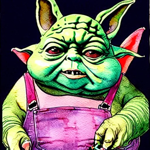 Prompt: a realistic and atmospheric watercolour fantasy character concept art portrait of a fat chibi yoda wearing a wife beater and jeans with pink eyes smiling and holding a blunt with a pot leaf nearby, by rebecca guay, michael kaluta, charles vess and jean moebius giraud