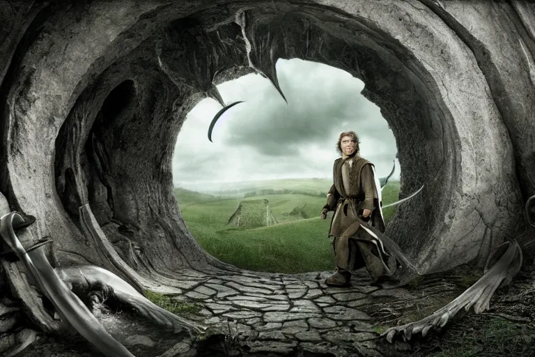 Image similar to movie still from the lord of the rings directed by ridley scott, landscape, the shire in the style of h. r. giger, grey sky overhead, metallic hobbit holes