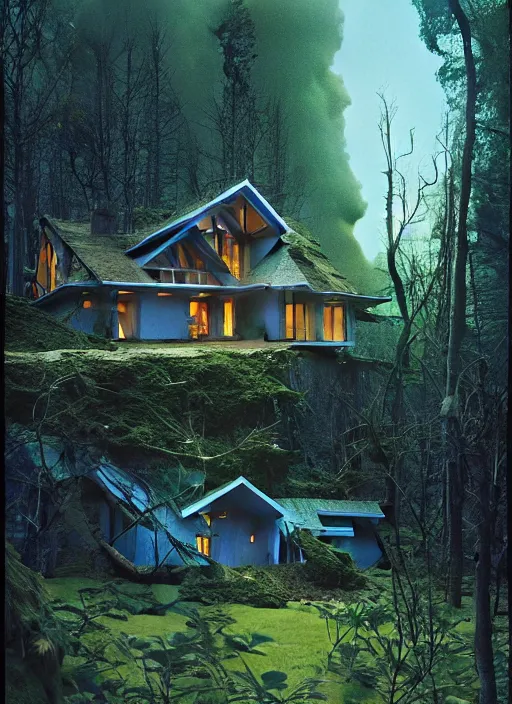 Image similar to hyper realistic witchy modern house with mood lighting and tech in the woods gorgeous lighting, blue sky, highly detailed, lush forest foliage painting by zdzisław beksinski and norman rockwell and greg rutkowski weta studio, and lucasfilm