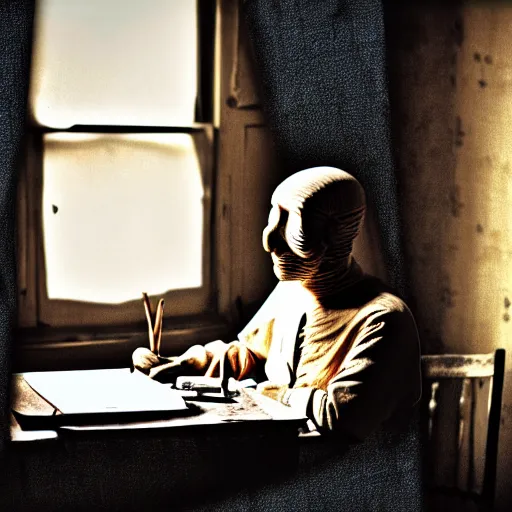 Image similar to Portrait of a mummy sitting at a very old desk, with very old curtains in the room. The desk has a very old phone on it. Dusty air