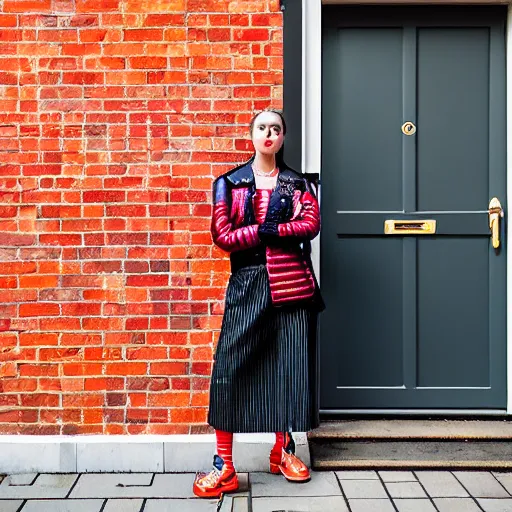 Image similar to un ultra high definition editorial photographic portrait of a female designer standing outside her trendy red brick london home wearing all eclectic clothes. wide angle. three point light. golden hour, golden ratio, ray tracing, volumetric light and shadow, shallow depth of field.