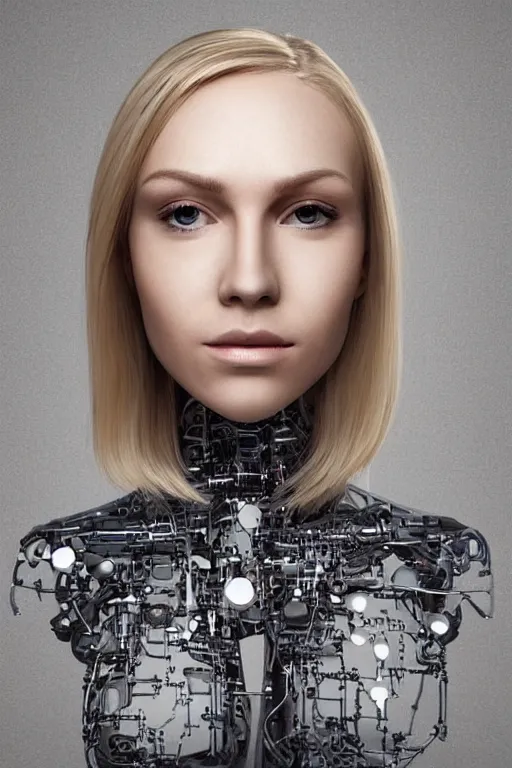 Image similar to robot with human face, female head, full body angle, woman human face, human face realistic, beautiful blonde hair, human head, human head with blonde hair, blonde hair human head, blonde hair, human realistic face, human head skin, cyborg frame concept, cyborg by ales-kotnik, sci-fi android female, the body is made of wires, robotic body, cyborg body, cyborg bust body, robot body cyborg, full body