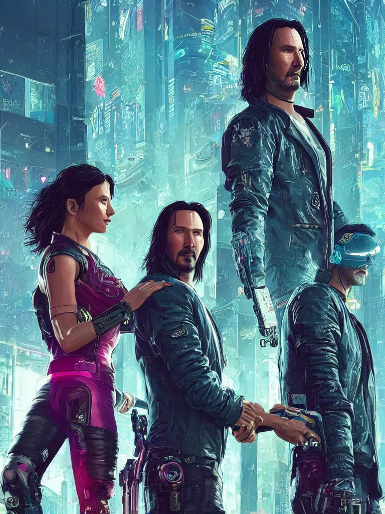 Image similar to a cyberpunk 2077 couple portrait of Keanu Reeves as Johnny Silver hand and female V in daily life ,love story, pray, hug, hold, kiss, film lighting, by Laurie Greasley, William Morris, Dan Mumford, John Wick, Speed, Replicas, Destination Wedding, The Lake House, artstation, full of color, Digital painting, face enhance, highly detailed,8K, octane, golden ratio, cinematic lighting